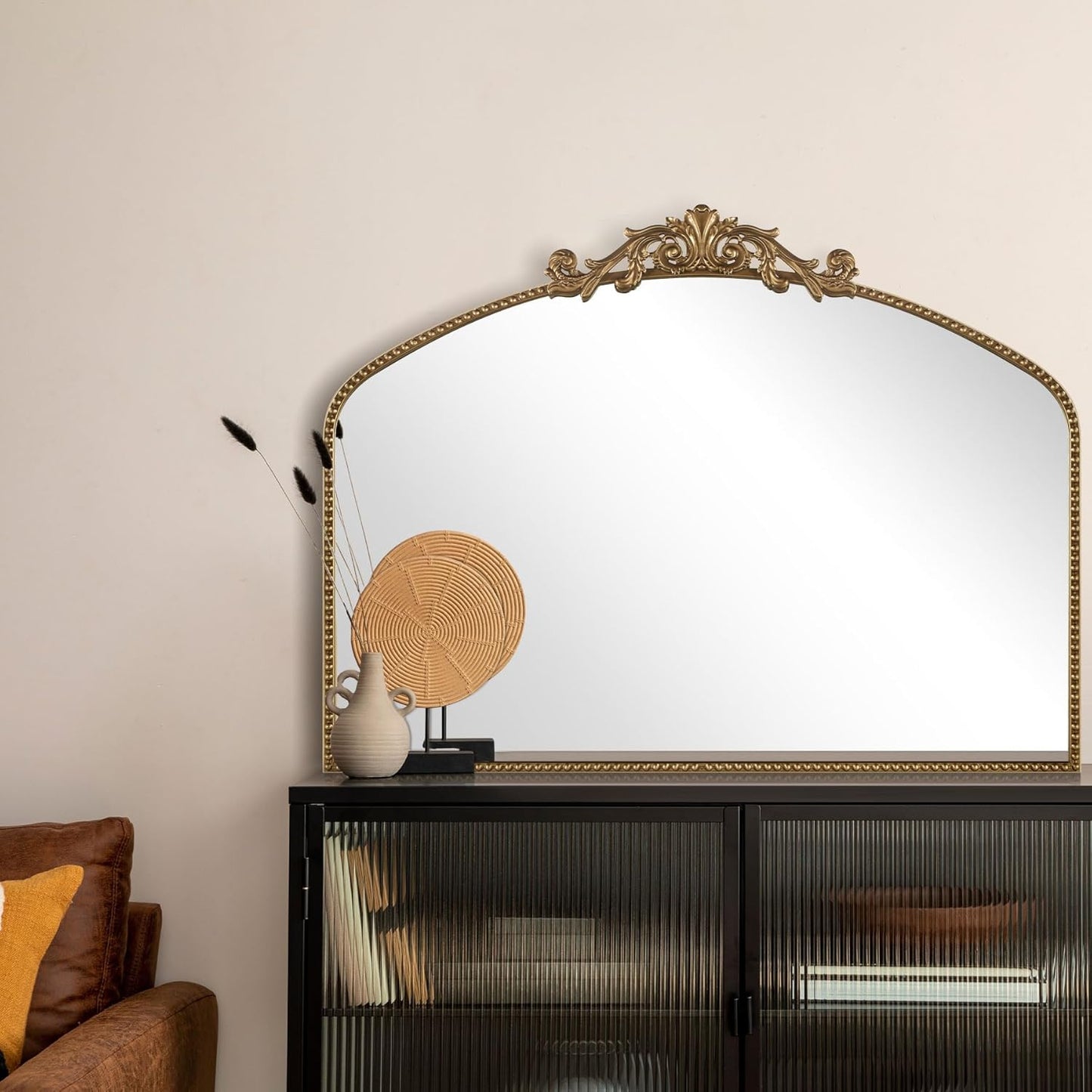 Gold Antique Mirror 40” x 30”, Large Ornate Mantel Mirrors with Arch Frame, Vintage Mirror Over Fireplace, Decorate Gold Beaded Frame for Living Room/Entryway/Dresser