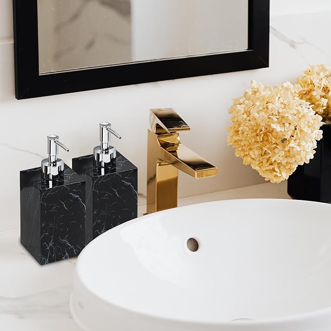 2-Pack Marble Look Resin Soap Dispensers, 16.9 oz Refillable Lotion Pump Bottles for Bathroom, Kitchen, Vanity, Office Sink Countertops – Durable, Moisture-Resistant Home Décor (Black)