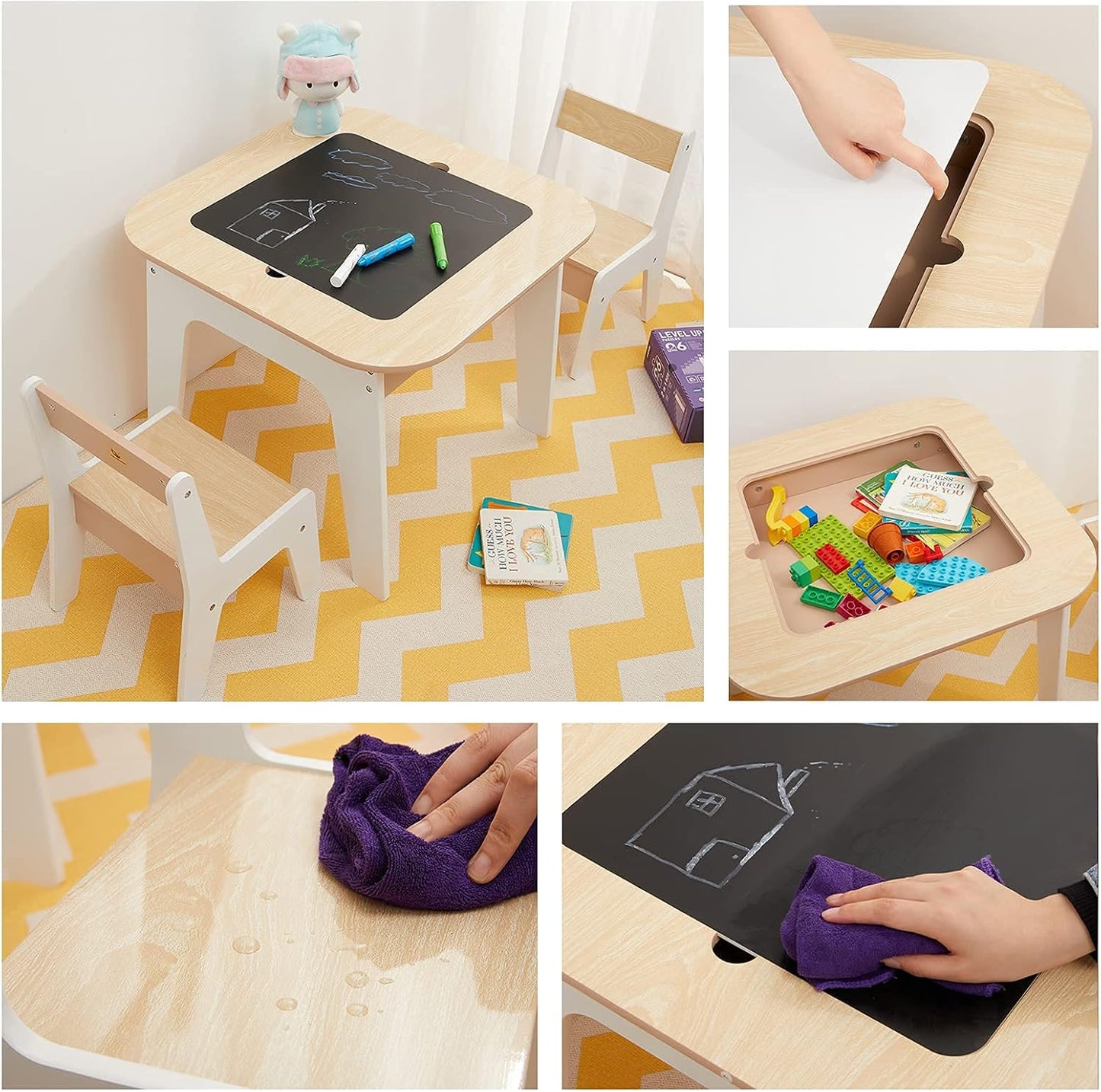 Toffy & Friends Wooden Storage Table and Chairs Set, White, 3-Piece Set, Ideal for Children's Learning, Activity Table or Dining