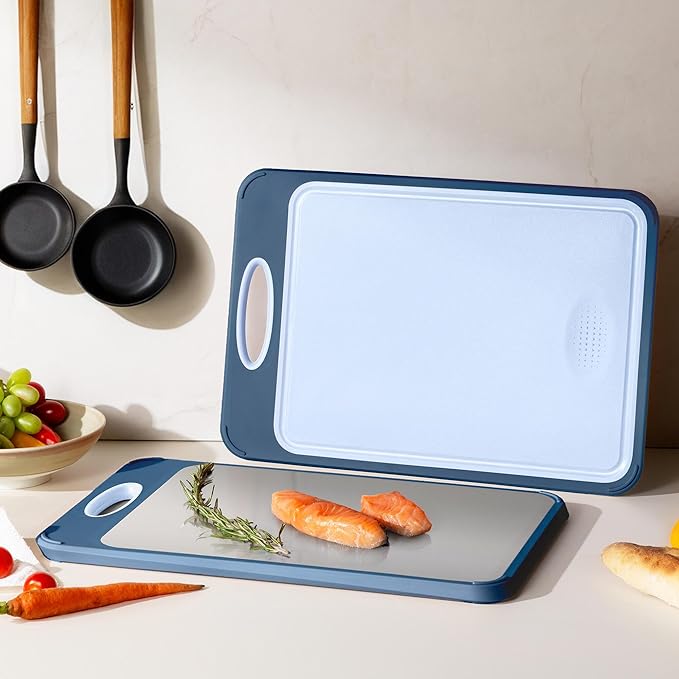 2 in 1 Stainless Steel Cutting Board with Handle Chopping Double Sided Non Slip Feet and Over Sink Butcher Block Nice Juice Groove Big Xl XXl xlarge Best Hardwood Kitchen Counter Organic Meat BBQ Kit