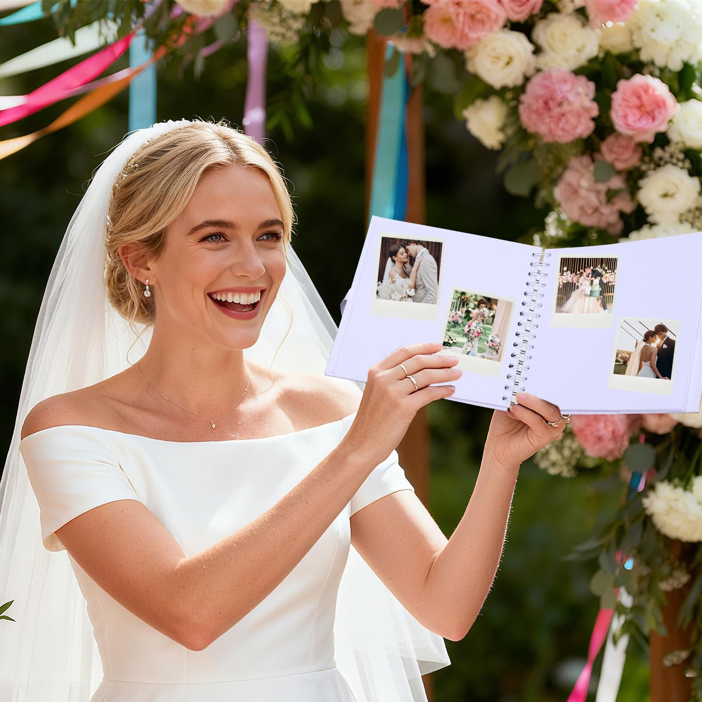 BINBE 8 x 8 Inch Letters to The Bride Scrapbook Kit DIY Blank Paper Scrapbook Photo Album Wedding Memory Book Bridal Guest Book Sign with Pearl Stickers, Letter Patches, Bows White