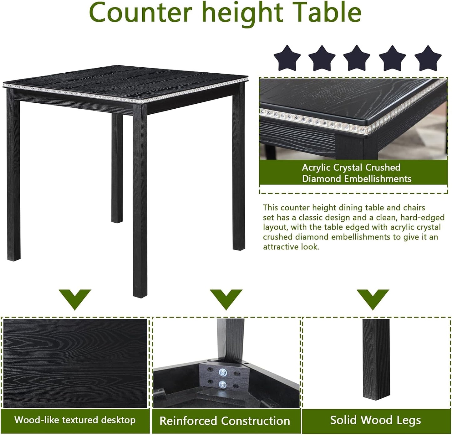 KEIKI 5-Piece Counter Height Dining Table Set with Square Table and 4 Upholstered Chair, for 4 Person, Classic Style Crystal Decoration Wooden Table Set, Easy Assembly, for Kitchen, Dining Room, Black