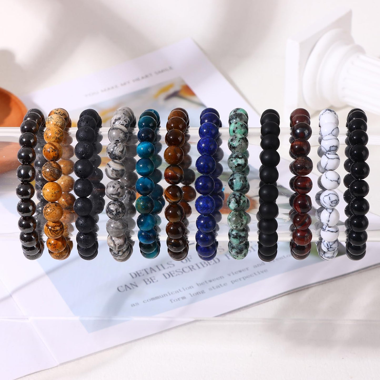 SAMOCO 12Pcs Tiger Eye Bracelet For Men 8MM Natural Stone Beads Bracelet Set Stretch Lava Rock Bracelets Adjustable Black Crystal Beaded Bracelet for Men Women Gifts