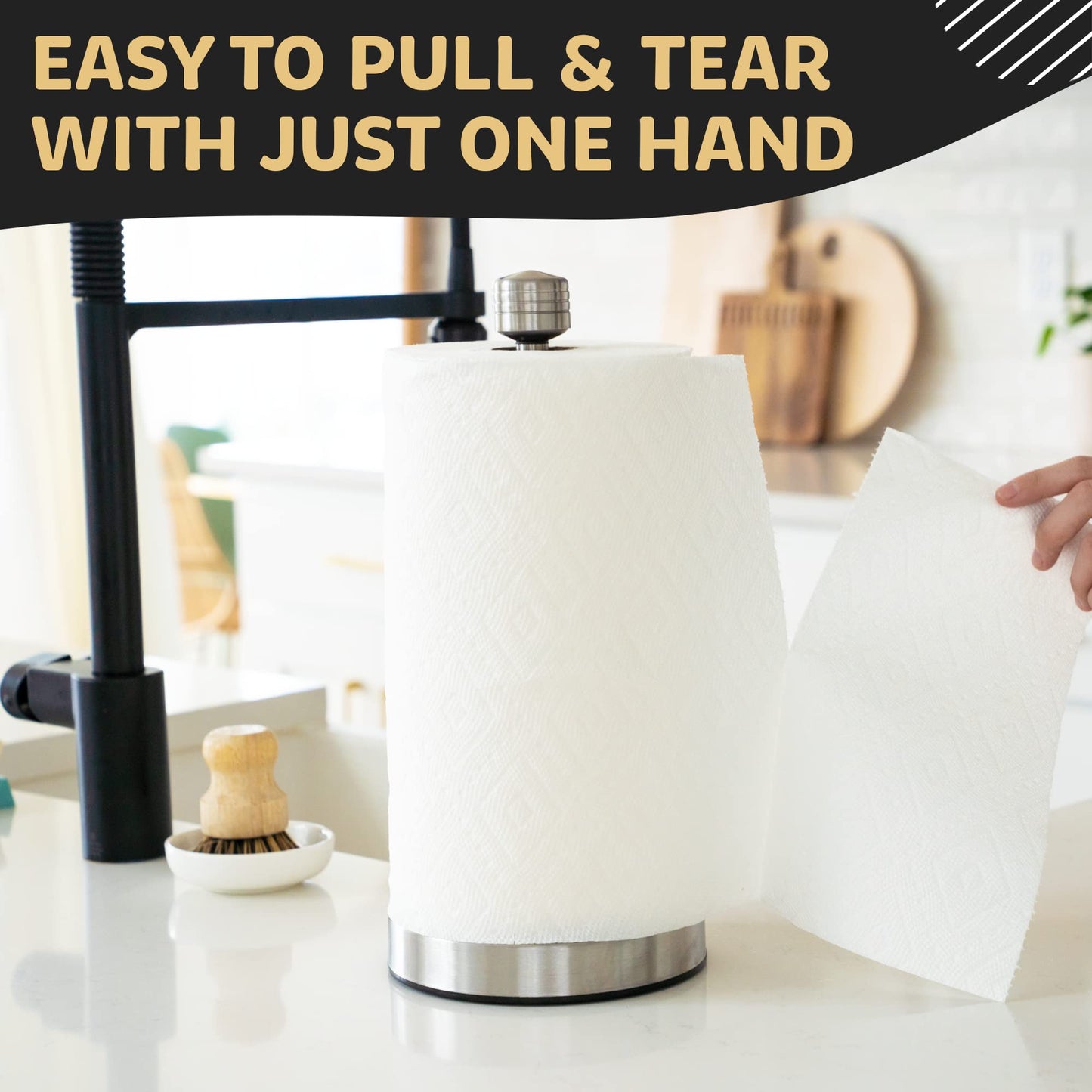 Heavy-Duty Stainless Steel Paper Towel Holder - Easy One-Handed Tear with Suction Cups - Modern Weighted Standing Countertop Dispenser for Kitchen - Holds All Paper Towel Rolls, Silver