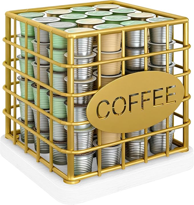 Coffee Pod Holder for K Cup, Large Capacity Coffee Pod Organizer, Versatile Coffee Capsule Storage Basket with Wooden Base, Gold and White KH10DW