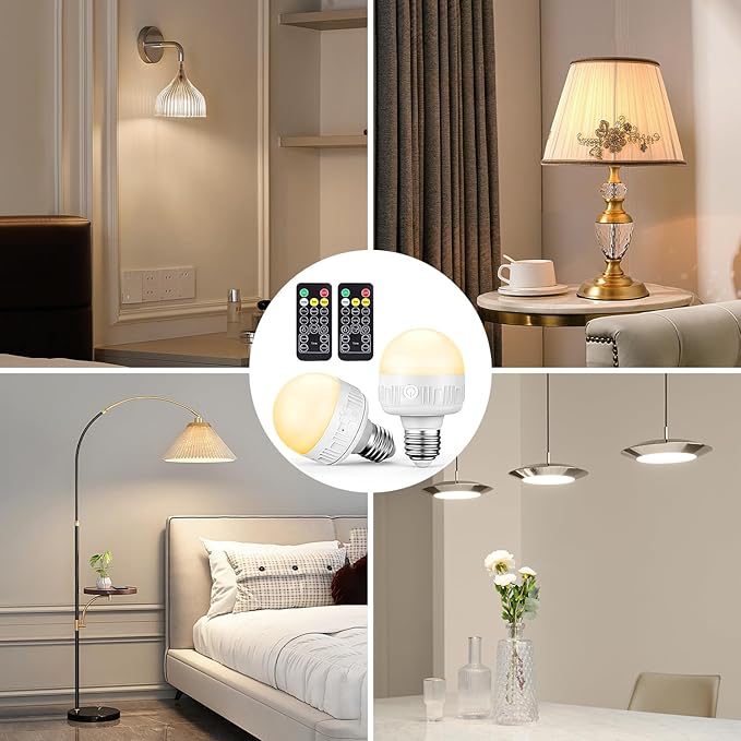 SCOPOW 2Packs E26 Rechargeable Light Bulbs with Remote Control, 5W 350lm Magnetically Battery Operated Light Bulbs 2000mAh, 3 Color Temperature, Timer, Dimmer for Non-Hardwired Lamp