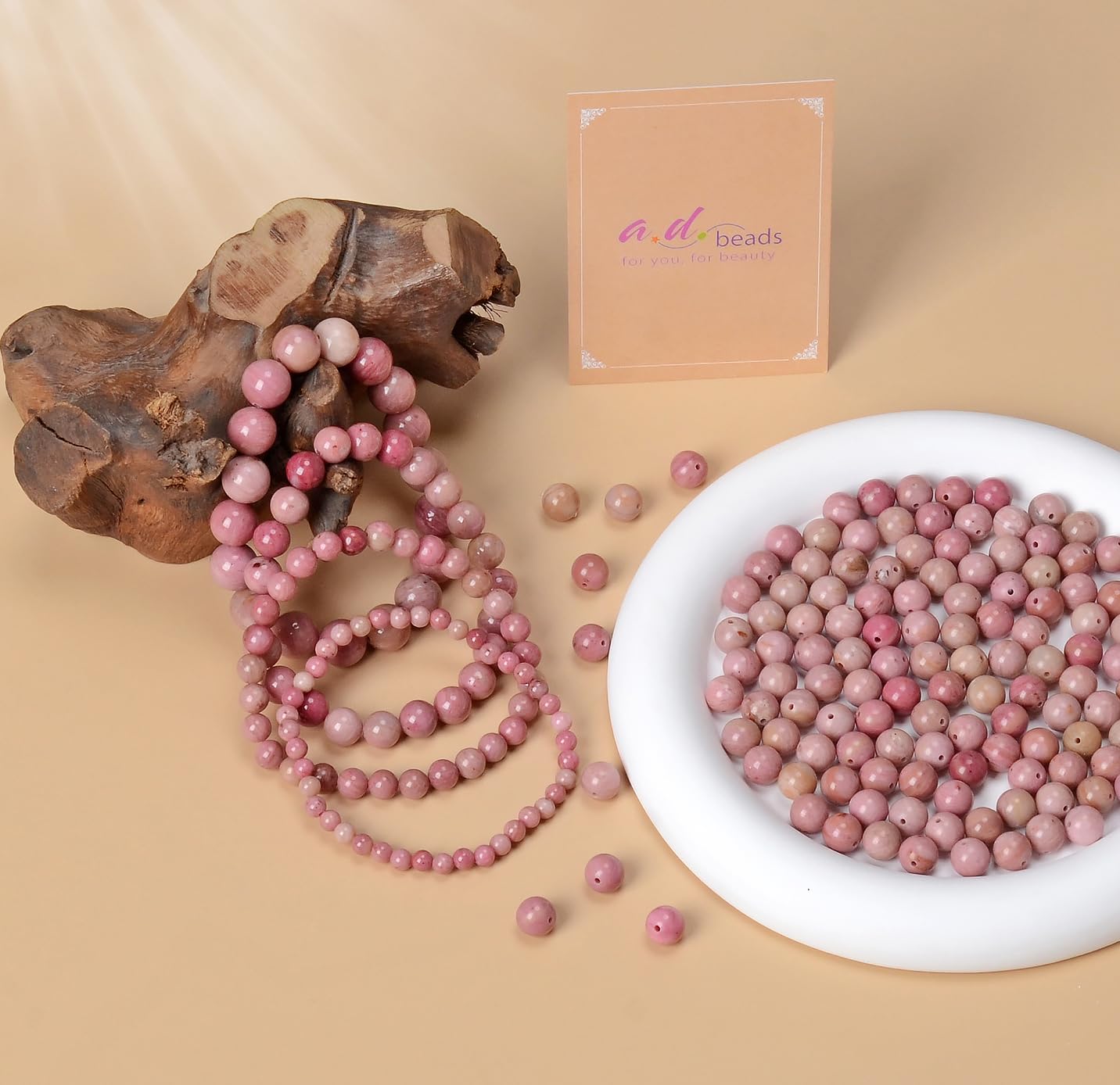AD Beads Handmade Gemstone Stretch Elastic Bracelet Crystal Healing Reiki Nature's Beauty and Spiritual Essence Unisex (6mm, Rhodochrosite)