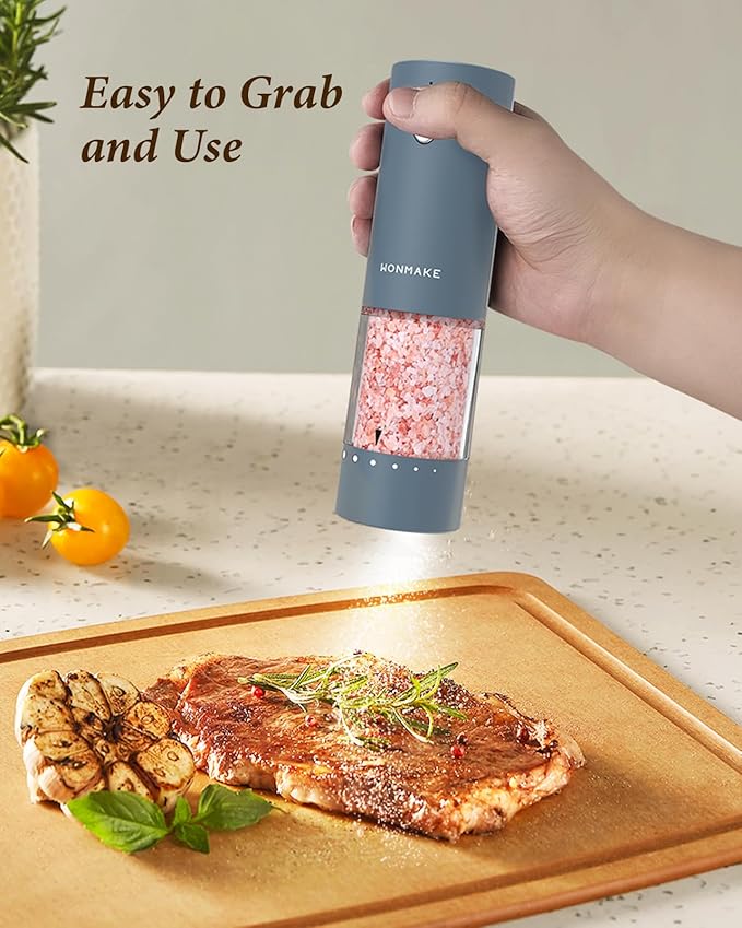 Electric Salt and Pepper Grinder Set - Automatic Refillable Salt and Pepper Grinders with Charging Base & LED Light, 6-Level Adjustable Coarseness with External Dial, Ideal Kitchen Gadget,Blue
