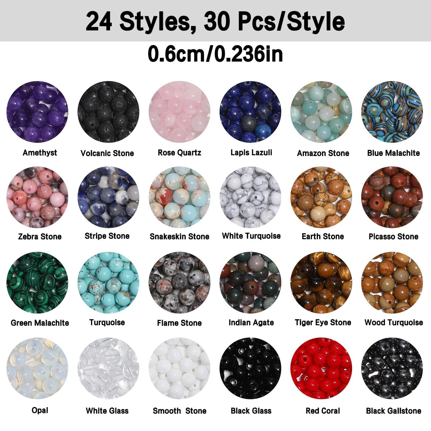 720pcs 6mm Natural Round Stone Beads Gemstone Crystal Loose Beads Smooth Bead for Bracelet Necklace Earring Jewelry Making Kit
