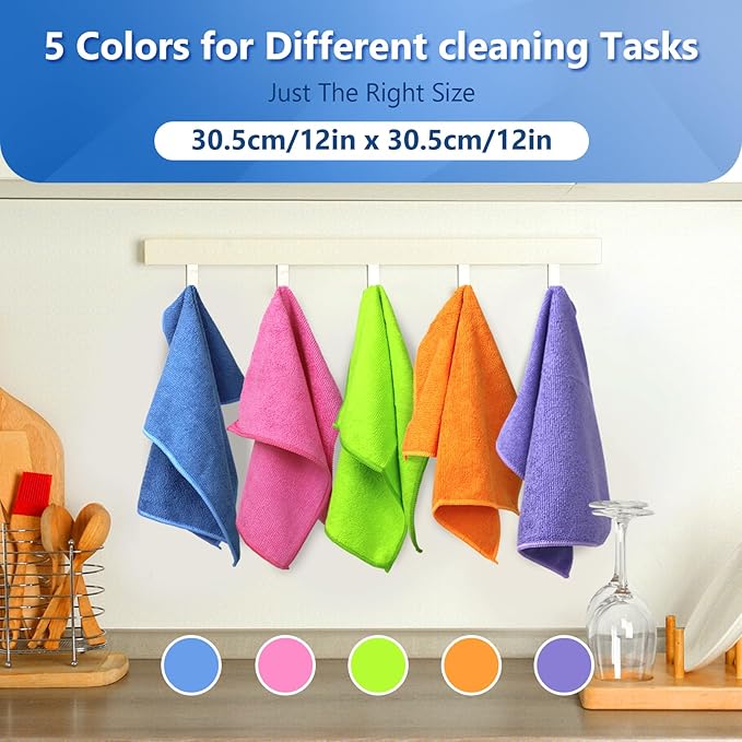 FGSAEOR Microfiber Cleaning Cloth, All Purpose Cleaning Rag - Ultra Absorbent Microfiber Towel with 5 Color Assorted, Premium Cleaning Towels, Dust, Polish, Lint Free & Scratch (10-Pack,12"X12")