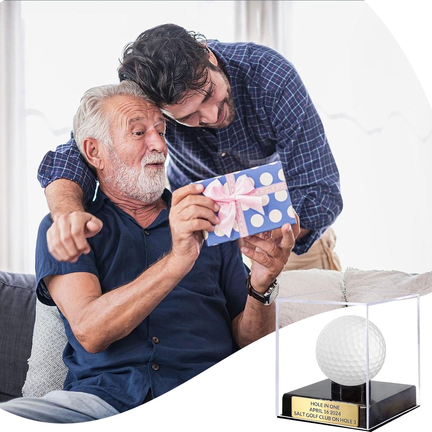 Custom Golf Ball Display Case Acrylic Golf Ball Holder Case Laser Engraved Plaque Showcase Your Cherished Golf Ball Memorabilia (Golden)