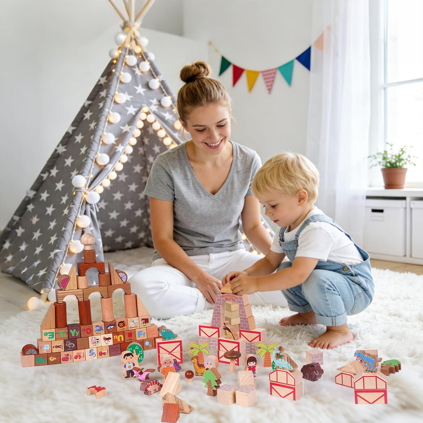 GHOOI 145-Piece Wooden Dinosaur Park Building Blocks Set ā Montessori Educational Construction Toy Made from 10 Premium Hardwoods, STEM Learning Blocks for Toddlers & Kids Ages 3ā6