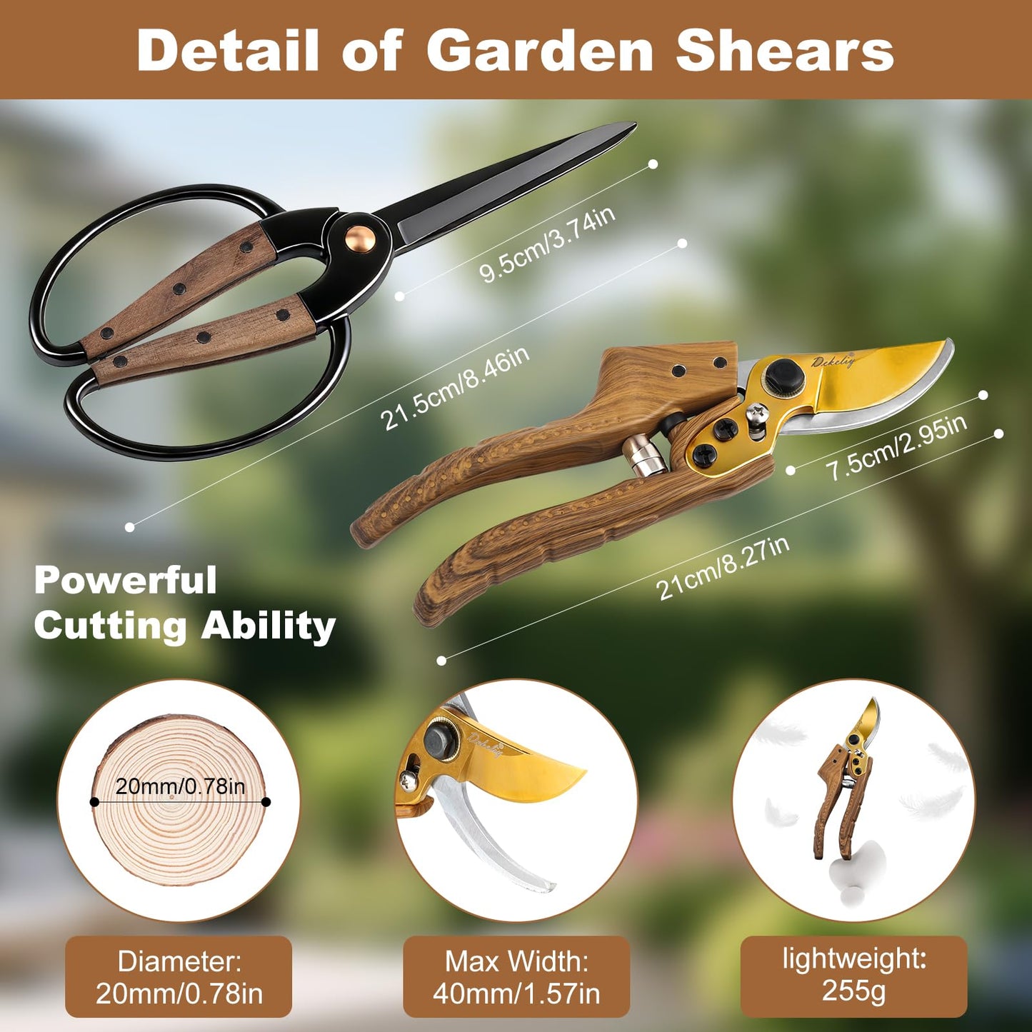 Dekeliy 2Pack Garden Pruning Shears Set: Ultra Sharp SK5 Blade Gardening Shears & Precision Garden Scissors,Wood Like&Wide Walnut Ergonomic Handle,Perfect for Plant,Bonsai,Shrub,floral,Branch Trimming