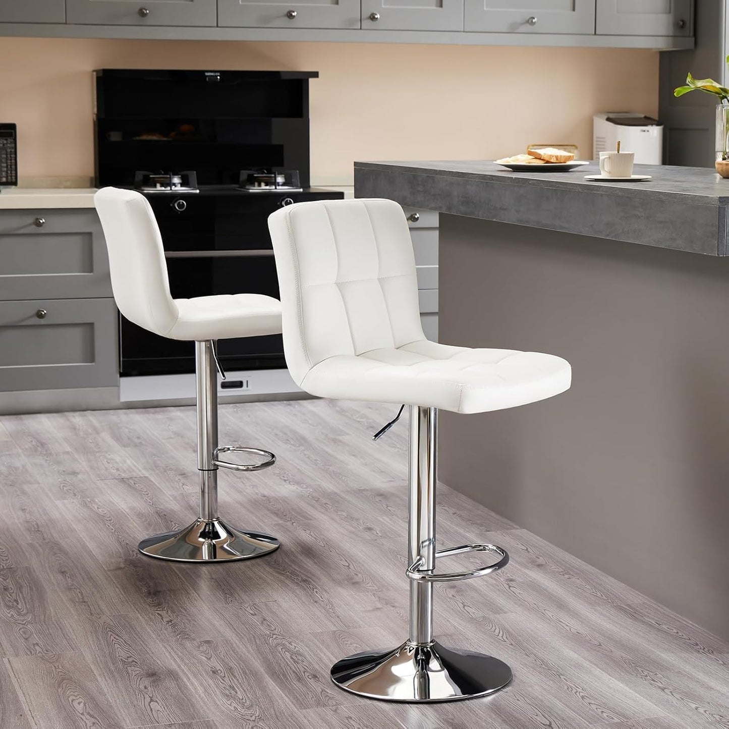 Sweetcrispy Bar Stools Set of 2, Armless PU Leather Adjustable Swivel Barstools, Hydraulic Kitchen Counter Height Thickened Seat Cushion Square Island Countertop Chairs with Back - White