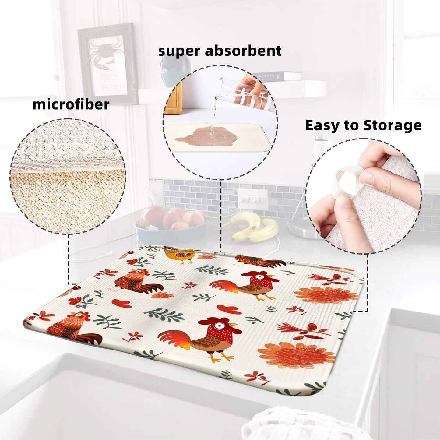 Rooster Large Dish Drying Mat for Kitchen Counter 16''x18''Microfiber Absorbent - Foldable, Quick-Dry, Non-Slip, & Compact Red Kitchen Drying Pad for Dishes, Countertops, and Cookware
