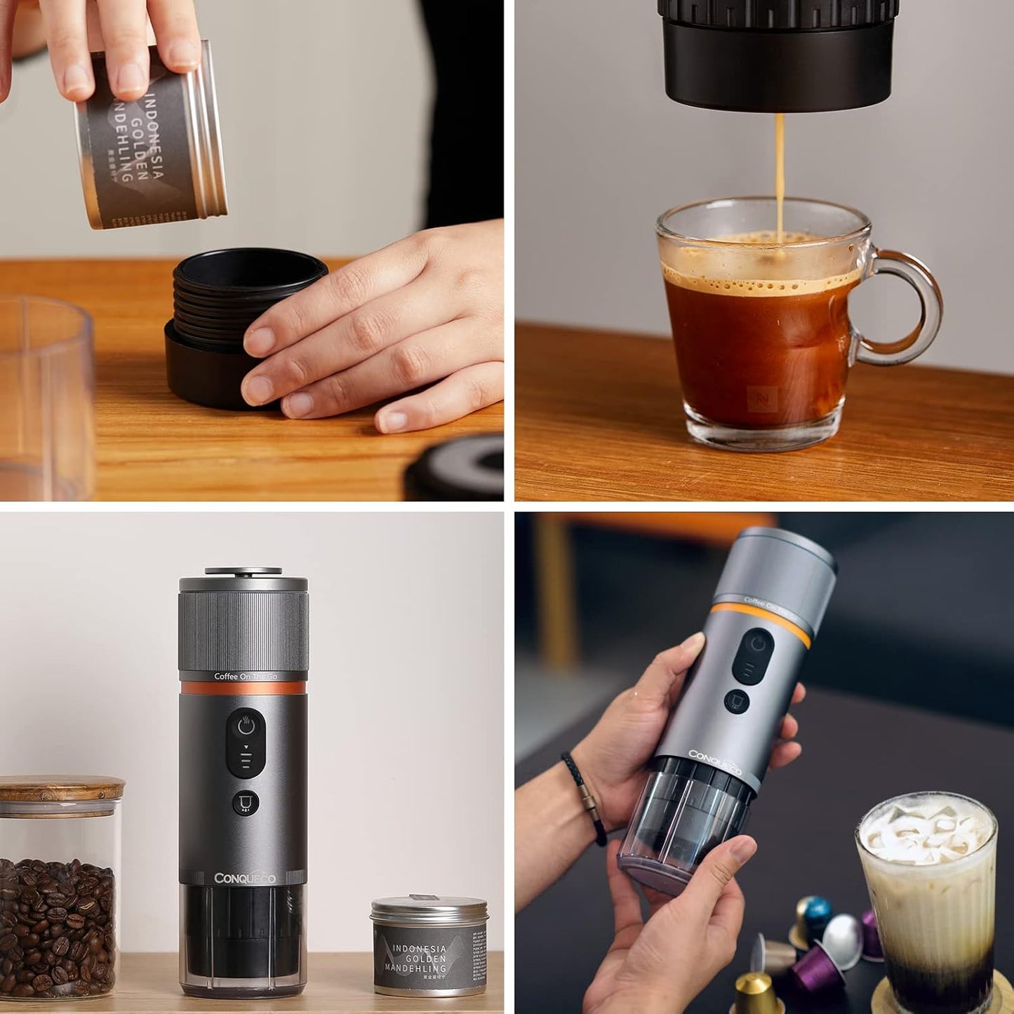 CONQUECO Portable Espresso Coffee Machine: 12V Electric Small Travel Expresso Maker - Self Heating 8 Cups Battery Powered Compatible for Nespresso Capsule - for Camping RV Hiking Office (Smoke Blue)