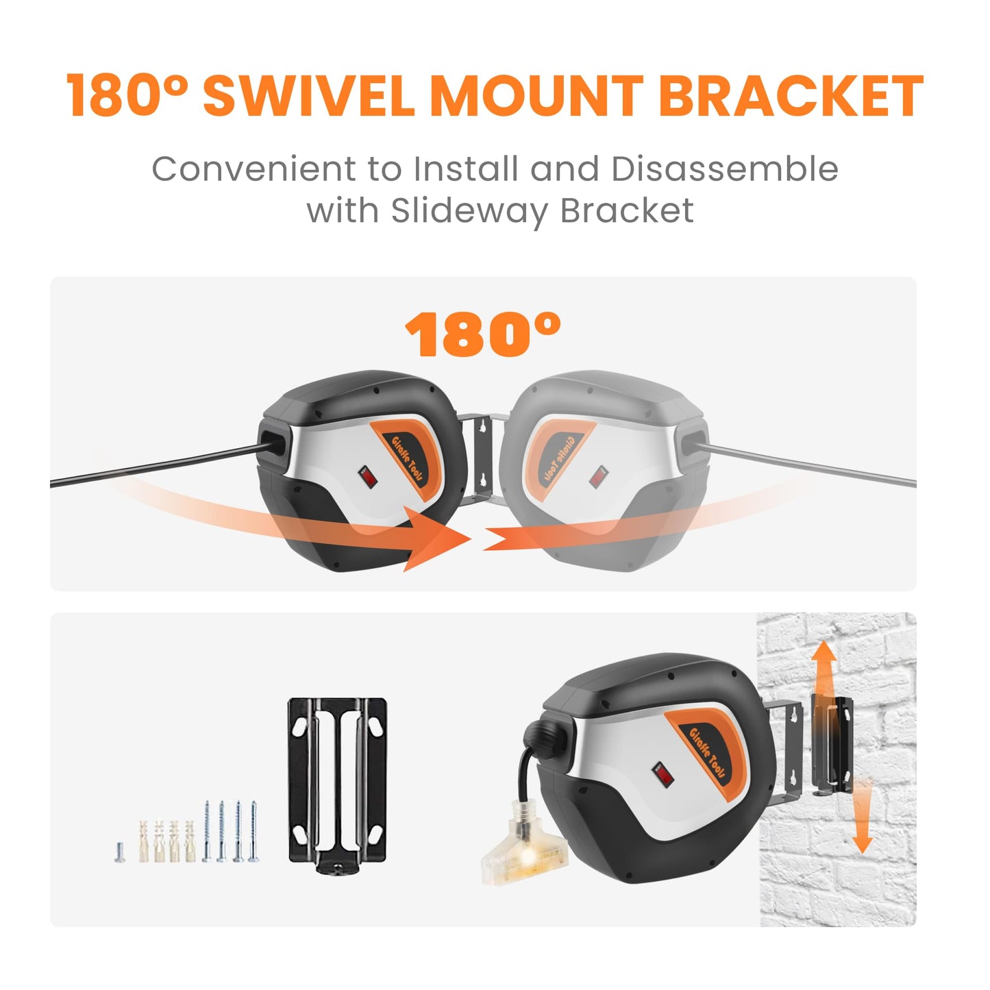 Giraffe Tools Retractable Power Cord Reel, 50Ft 12Awg/3C Sjt Heavy Duty Extension Cord Storage Reel Wall/Ceiling Mount For Garag