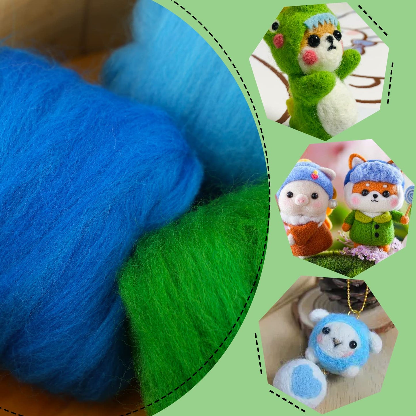 Wonvoc Needle Felting Wool, 12 Colors Wool Roving, 10g per Color 4.23 oz Total, Fibre Wool Yarn Roving, for Hand Spinning Needle Felting DIY Wool Crafts, Green and Blue