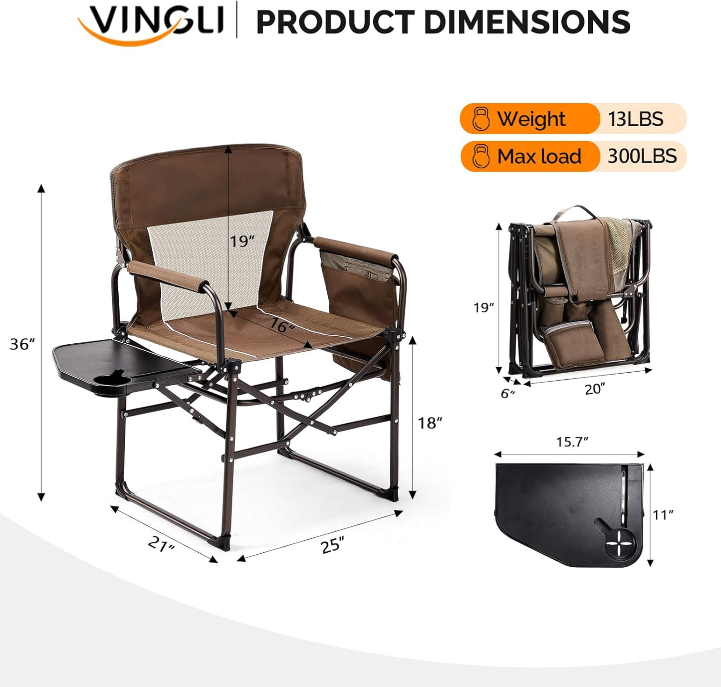 VINGLI Camping Chairs, Directors Chair, Camping Chair with Side Table & Carry Bag,Heavy Duty Camping Chairs for Adults, Portable Folding Camping Chair, Pocket for Beach, Fishing,Trip,Picnic,Lawn-Brown