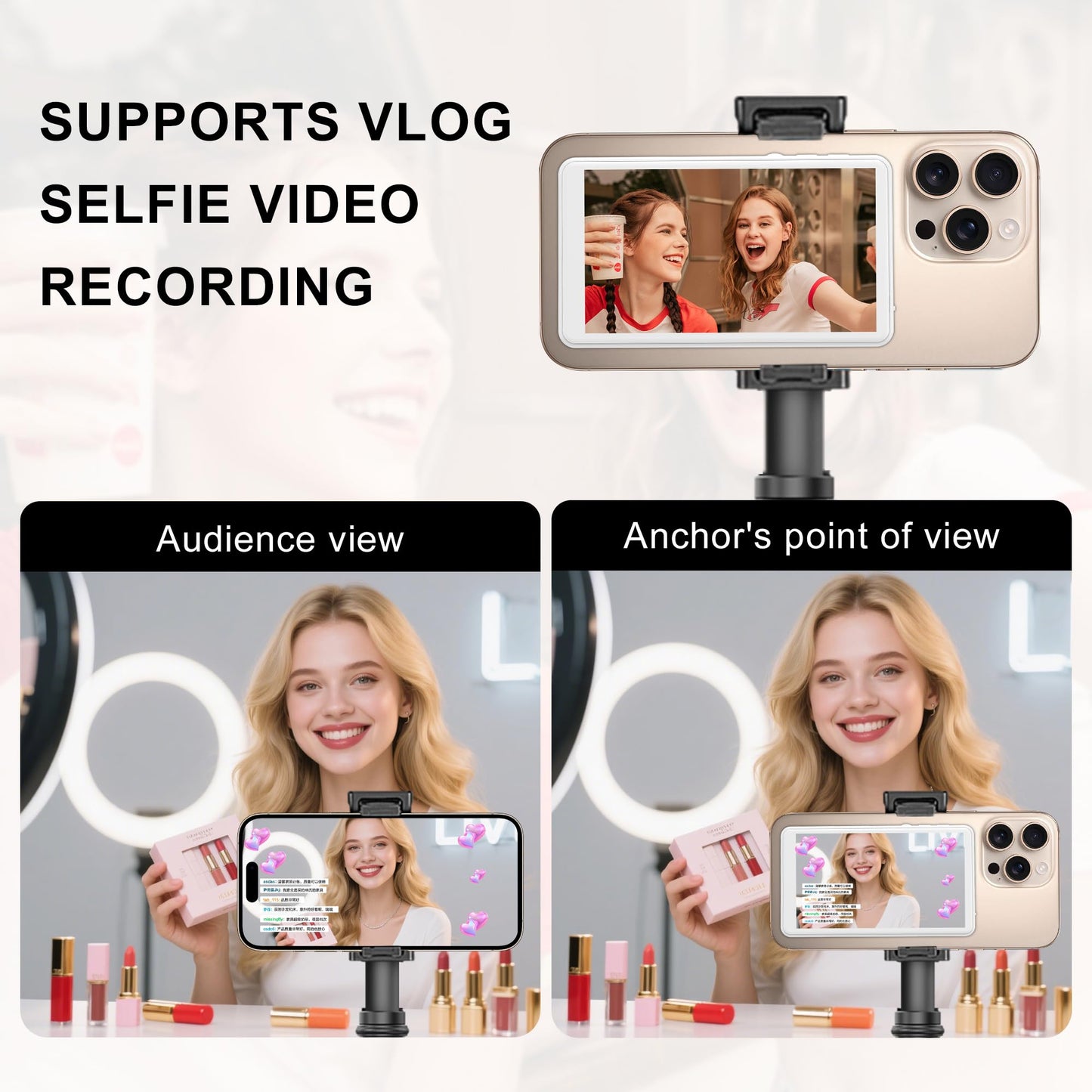 Selfie Monitor Screen For Iphone/Android,Magnetic Phone Vlog Selfie Screen With 1800Mah Battery&Bluetooth Remote,Wireless Back C