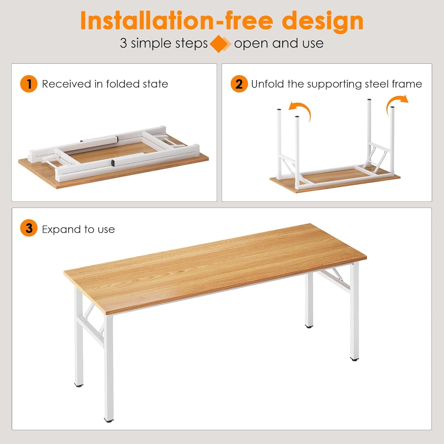 Need Office Computer Desk - 54.3L Sturdy and Heavy Duty Folding Laptop Table,Writing Table/Home Office Desk/Sewing Table,No Assembly Required (Teak&White) AC5BW138