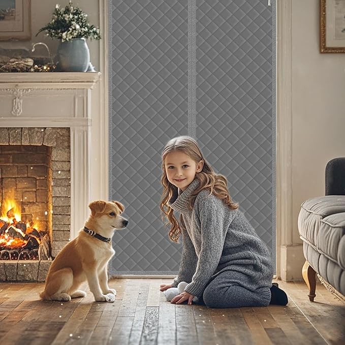 Magnetic Thermal Insulated Door Curtain Fit Door Size 36" x 96", Quilted Oxford Fabric Thicken Cotton Fill, Winter Cover Keep Cold Draft Out, Blanket Insulation for Front Patio Doors Gray