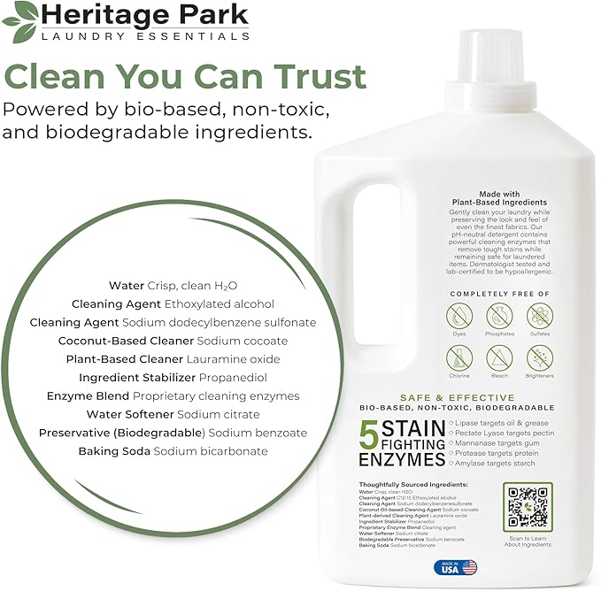 Heritage Park Luxury Laundry Detergent | Dermatologist Tested Plant based Natural & Enzyme Laundry Detergent | Sensitive Skin Friendly - Fragrance Free (64 fl oz)
