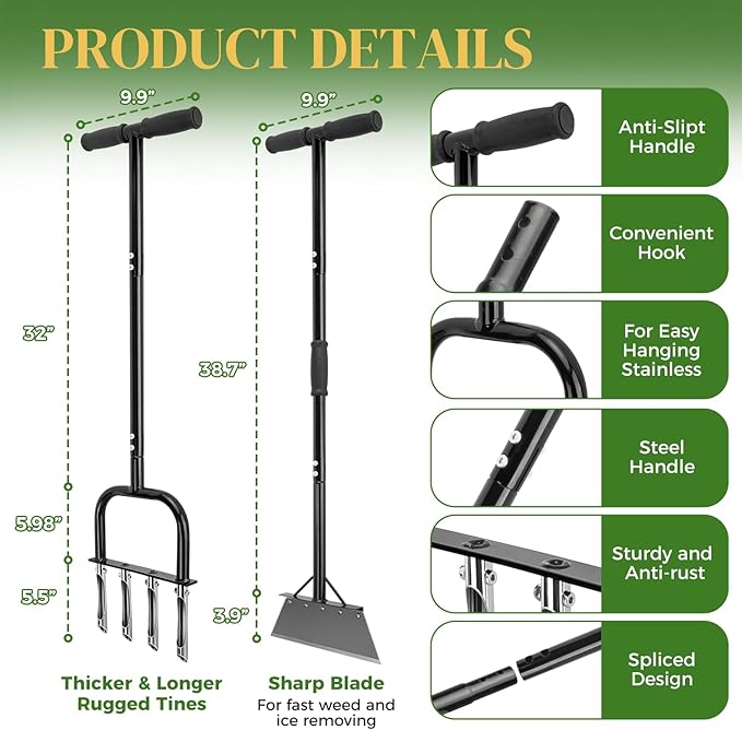 2-in-1 Lawn Aerator & Weeding Tool Set, Snow Shovel – Multifunctional Garden Soil Aerator, Weed Remover, and Snow Shovel for Small Lawns, Tight Corners, and Yard Care
