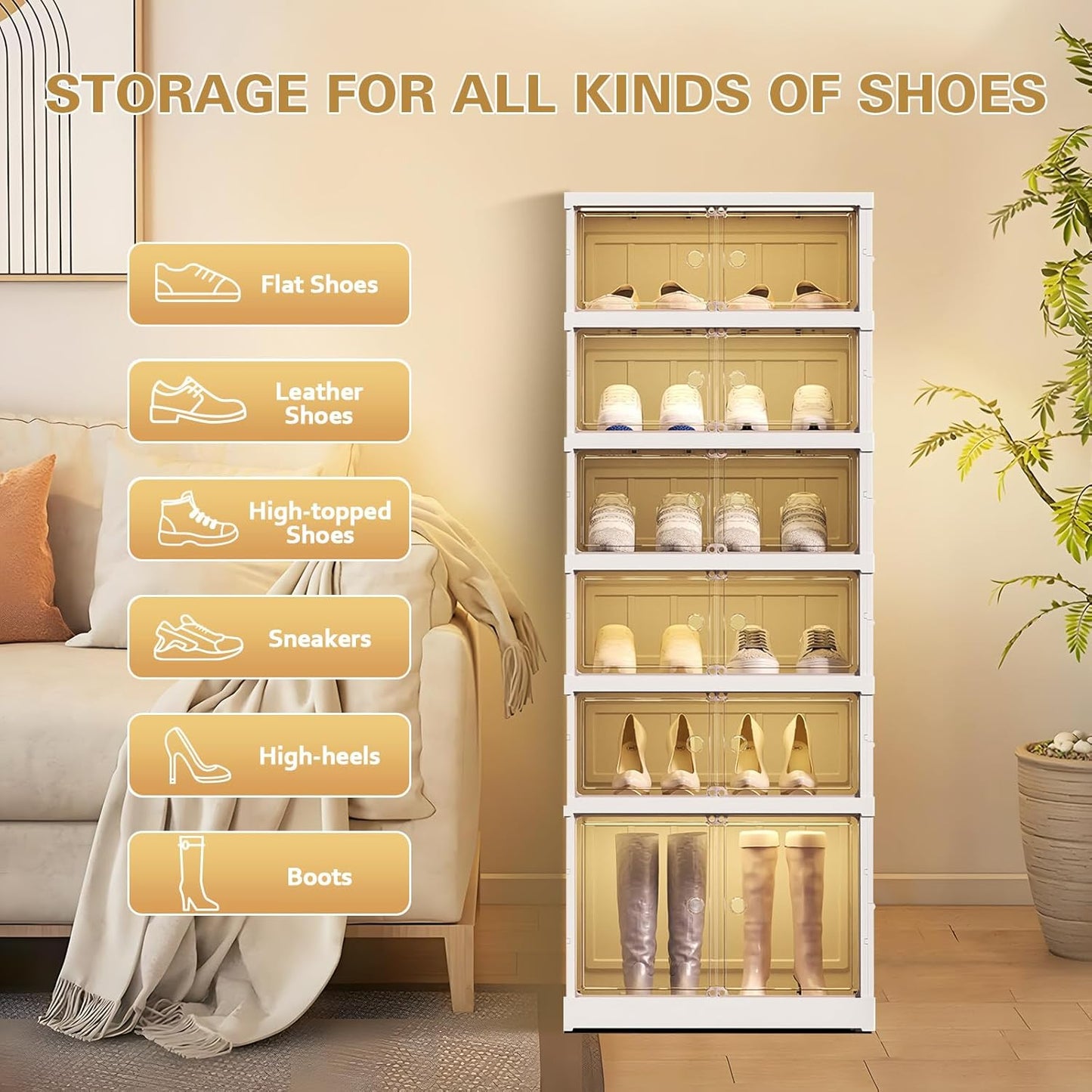 ELPHECO 6 Tier 12 Pairs Foldable Shoe Rack Shoe Organizer with Magnetic Doors, Entryway Folding Shoe Shelf, Easy Assembly Sneaker Cabinet, Plastic Shoe Storage Container Bins