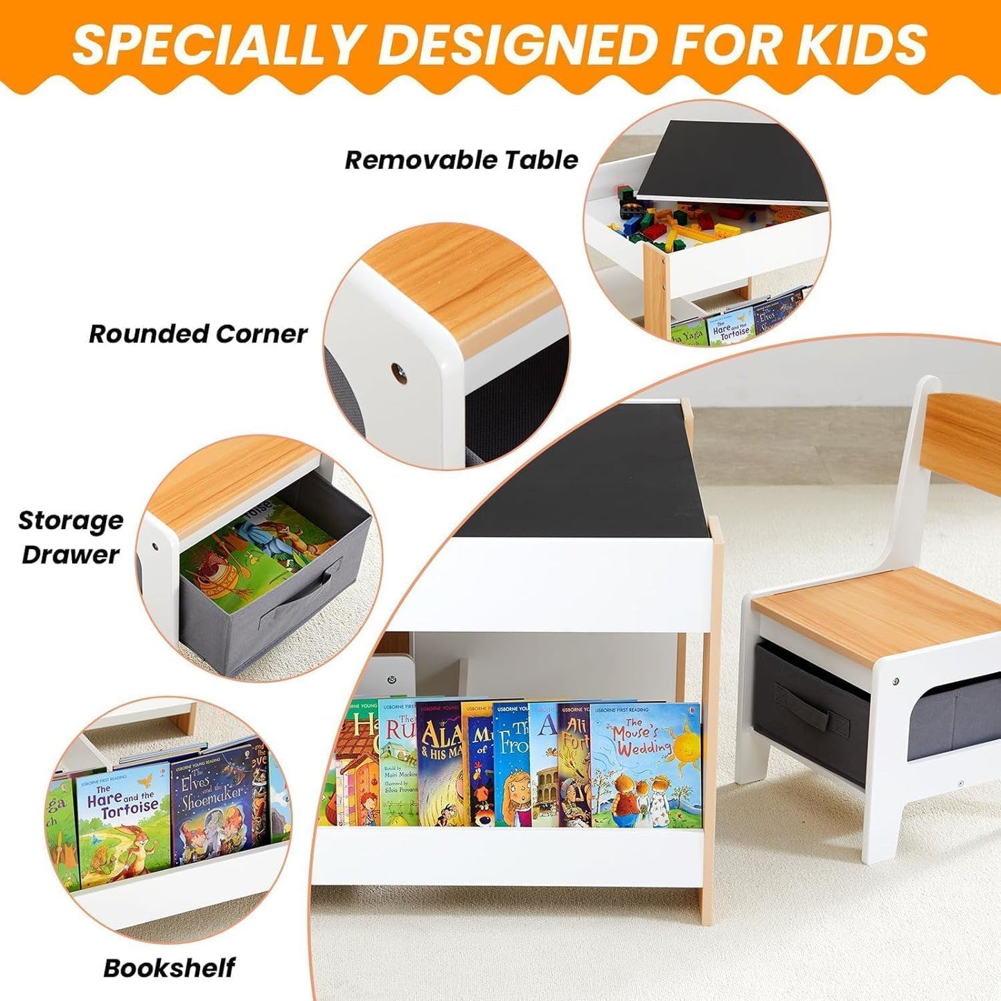 Asweets Kids Table and Chair Set,4 in 1 Toddler Desk with Storage Drawer,Wooden Activity Table for 2 in 1 Detachable Tabletop,Bookshelf,Suitable for Classroom,Home,Nursery,Playroom (Ivory White)
