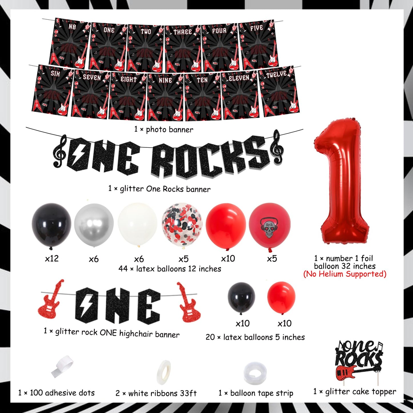 Fangleland Red Black One Rocks 1st Birthday Decorations, Rock and Roll First Bday Balloon Garland Arch Kit, Born to Rock Photo Highchair Banner, Music Themed Cake Topper Party Supplies