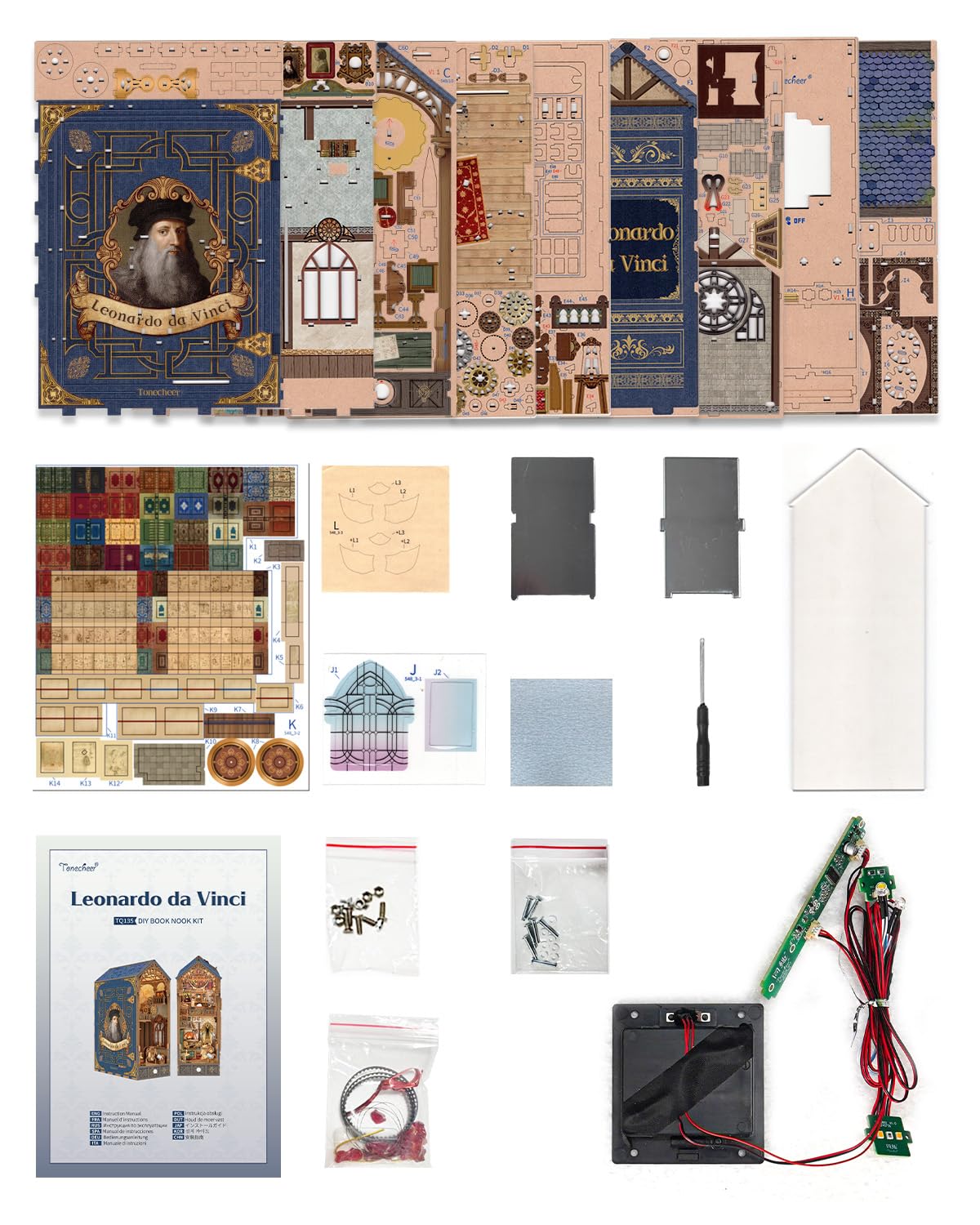 Tonecheer DIY Book Nook Kit for Adults, 3D Puzzle Wooden Miniature House Kit, Booknook Dollhouse Bookshelf Insert Decor Bookend with Dust Cover and LED Lights Gifts (Leonardo da Vinci)