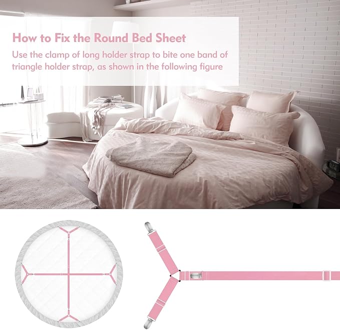 Bed Sheet Holder Straps, 4+2 Pcs Adjustable Mattress Sheet Clips, Bed Sheet Fasteners Elastic Sheet Suspenders to Keep Bed Sheet in Place for Different Beds (Pink)
