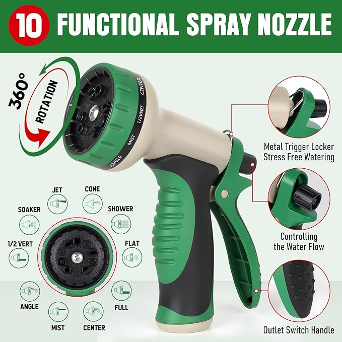 Heavy Duty Garden Hose 75ft with Nozzle, NON-EXPANDABLE Flexible Water Hose, Kink Resistant Lightweight Hybrid Hose, Leakproof Hose Male to Female Fittings