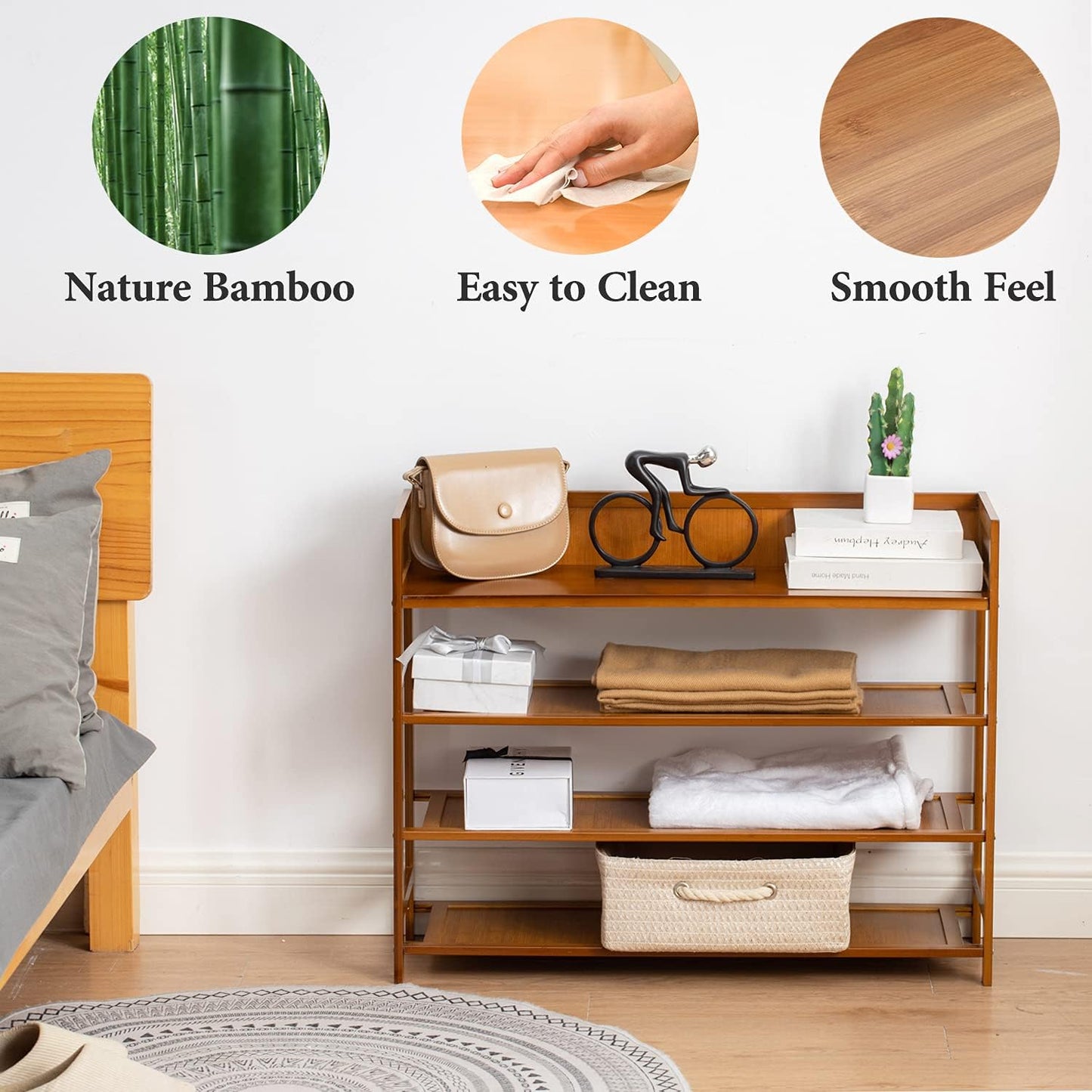 4 Tier Shoe Rack Organizer, 4 Tire Bamboo Stackable Shoe Shelf Storage Organizer, for Entryway, Hallway, and Closet (Brown)