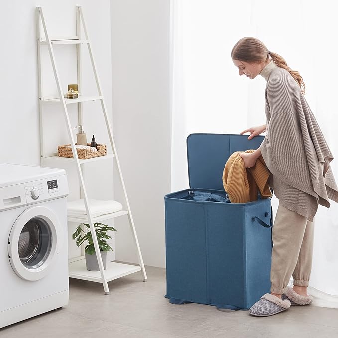 Lifewit Double Laundry Hamper with Lid and Removable Laundry Bags, Large Collapsible 2 Dividers Dirty Clothes Basket with Handles for Bedroom, Laundry Room, Closet, Bathroom, College, 136L Blue