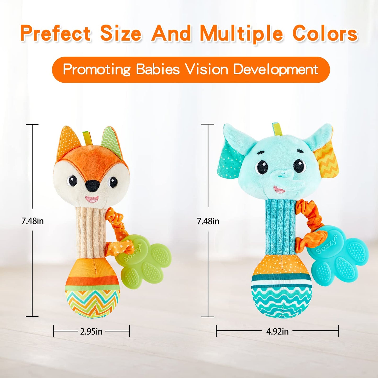 Baby Rattles 0-6 Months,Baby Soft Rattles Shaker,Hand Grab Sensory Shaker,Teething Toys for Babies 6-12 months,Sensory Plush Animal Toys For 0 3 6 9 12 Months Newborn Toys, 2PCS