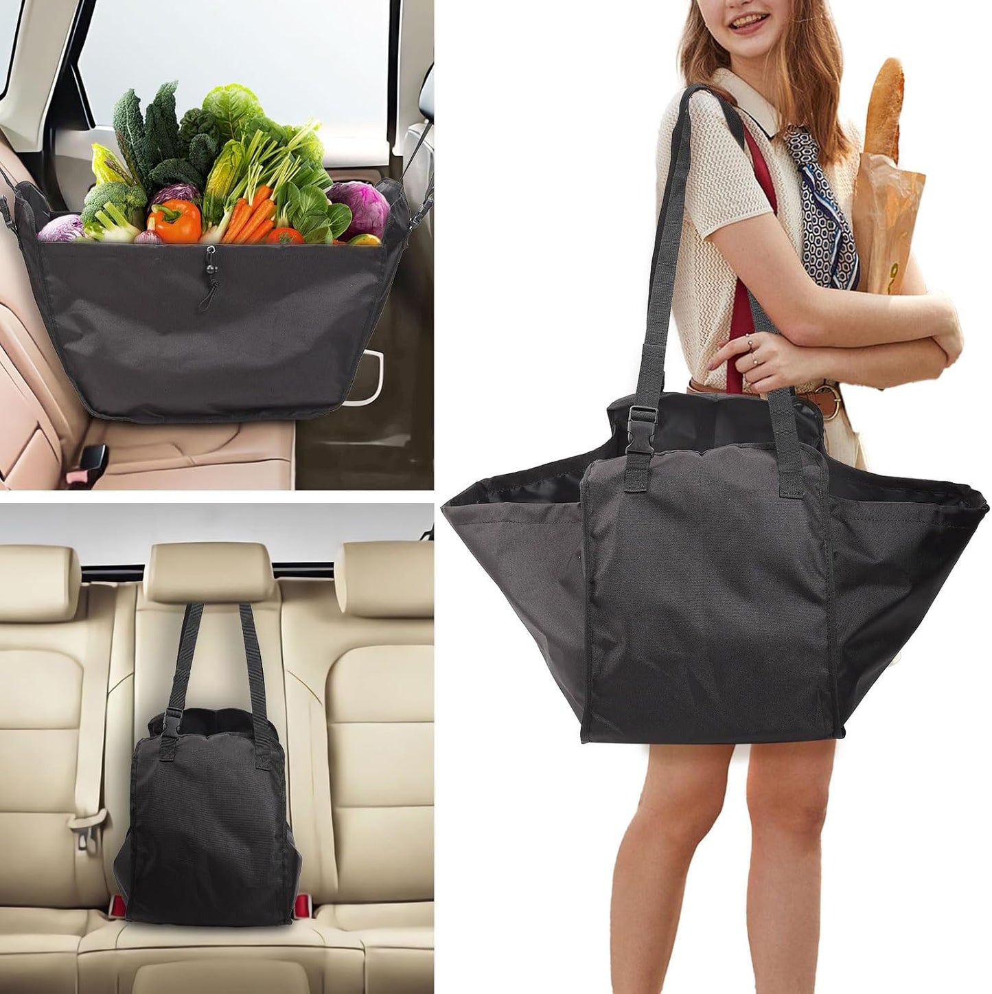 Car Seat Organizer - Large Capacity Passenger Seat Storage Travel Bag, Portable, Foldable and Collapsible Miscellaneous Car Hanging Bag, Shopping Shoulder Bag, Reusable Tote with Drawstrings
