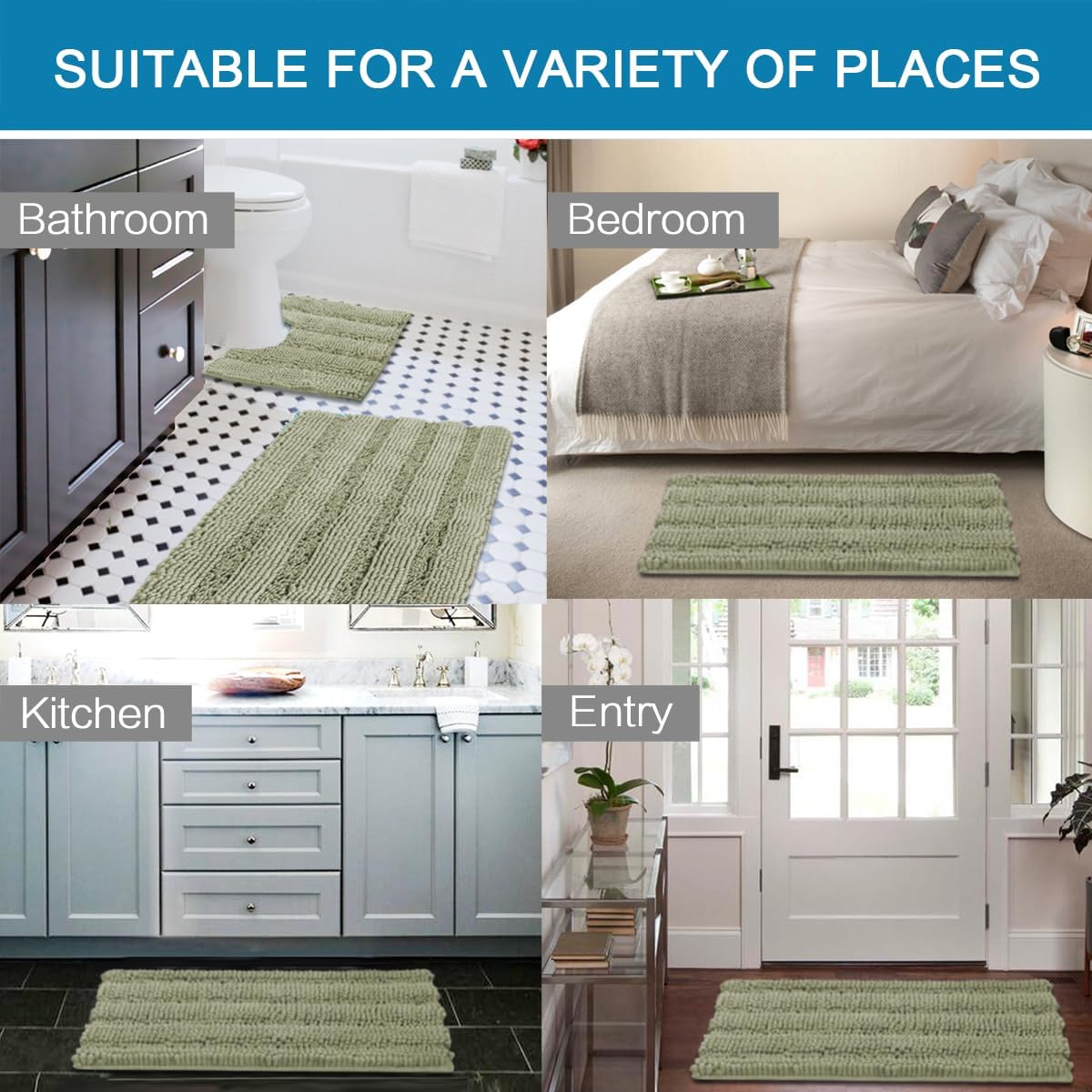 H.VERSAILTEX Bathroom Rug Sets 2 Piece Bath Mats Non Slip Thick Soft Chenille Striped Bath Rug achine Washable Shower Floor Rugs for Tub, Shower and Floor (Eucalyptus Green, 36"x24" Plus 20"x24" U)