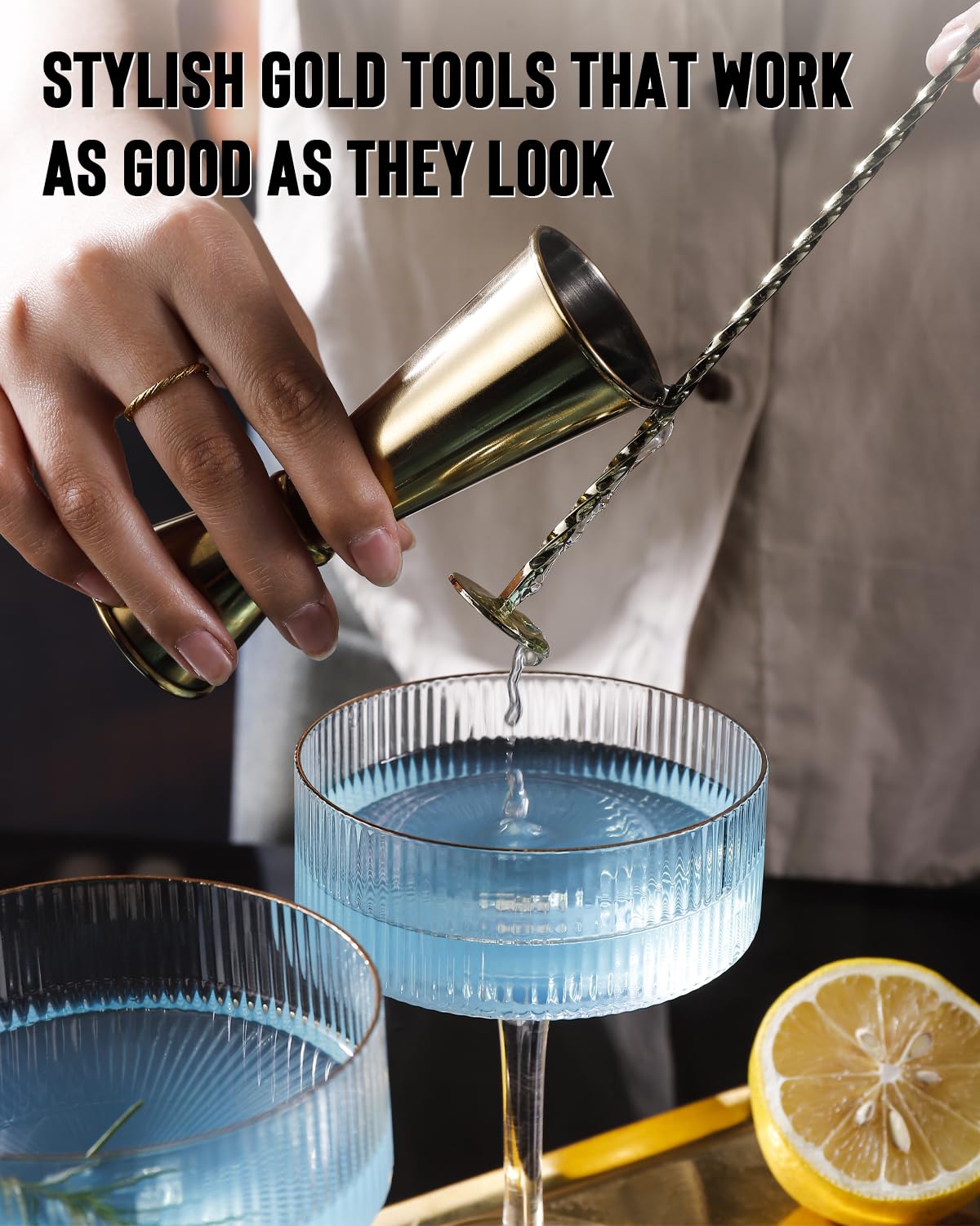 Cocktail Shaker Set with Coupe Glasses β 5-Piece Gift Set Includes Pineapple Glass Shaker with Gold Lid, Jigger, Bar Spoon & 2 Ribbed Gold-Rimmed Glasses β Bartender Kit for Home Bar