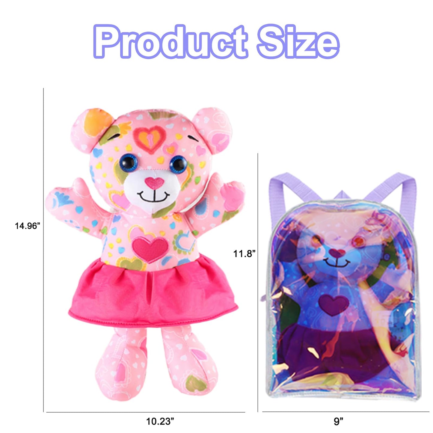 DRAWMYTOY Stuffed Animal Coloring Plush Toy Bear with 20 Washable Markers Laser Holographic Backpack Road Trip Car Game Writing Painting Set for Girls Doodle Dolls Kids Ages 3-6 Birthday (Pink Bear)
