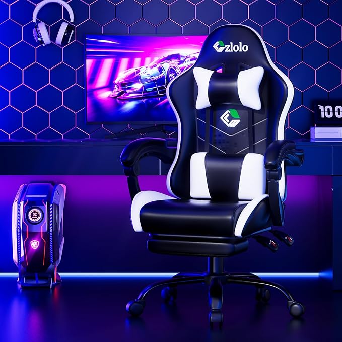 Gaming Chair with Footrest Racing Style Lumbar Support Massager Video Game Chair with Metal Legs, High Back Gamer Chair with Headrest, 360° Swivel Office Computer Desk Chair, Cool White