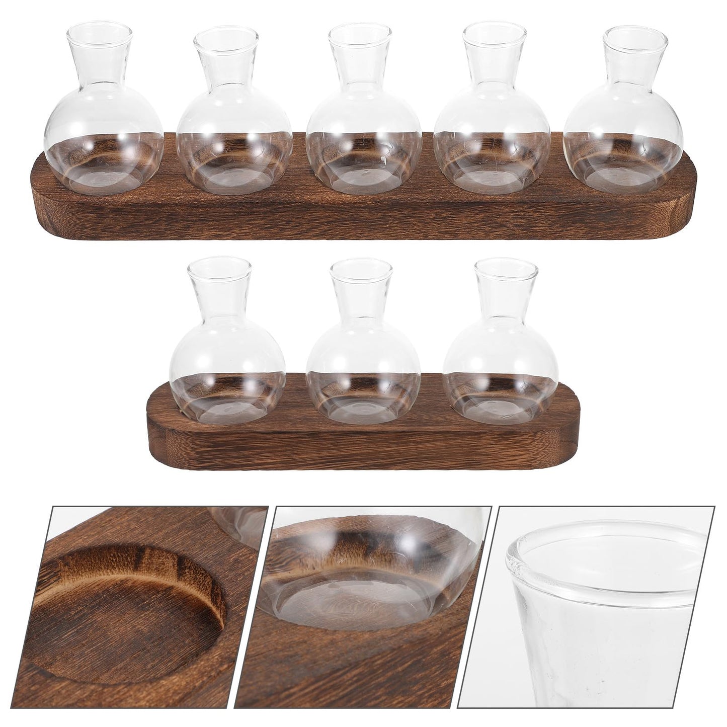 Toyvian Glass Plant Vase Set with Wooden Base, Hydroponic Terrarium for Indoor Greenery, Desktop Decorative Flower Vases for Office and Living Room (3 Bottles + 5 Bottles)
