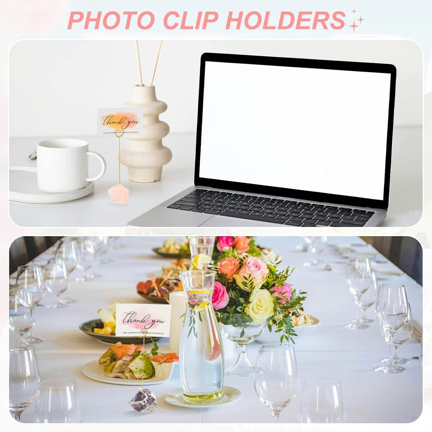 PATIKIL Table Number Holder, 2Pcs Photo Clip Holders Crystal Stone Quartz Desk Card Holder Raw Flower Shape Iron Memo Note Photo Stand for Wedding Party Home Office Decor, Yellow