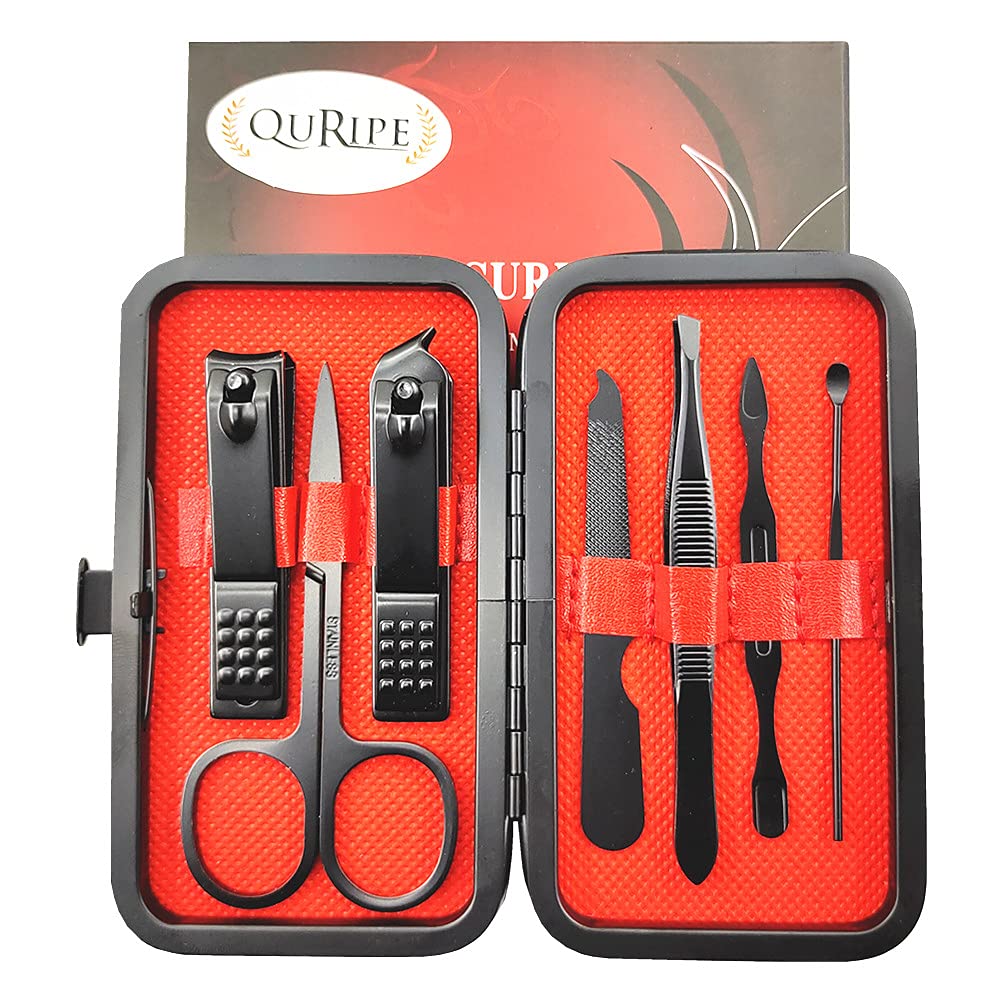 7pcs Manicure set, Nail Clippers Kit, Stainless Steel Manicure Kit, Nail Clipping Tools Portable Travel Grooming Kit, The Best Gift with Luxurious Case (Black-7)