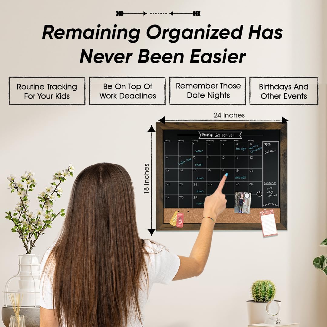 Loddie Doddie Chalk Board Calendar for Wall & Bulletin Combo - 18 x 24-Inch Rustic Frame - Writable Chalk Calendar Surface, Magnets & Push Pins - Menu Board for Kitchen