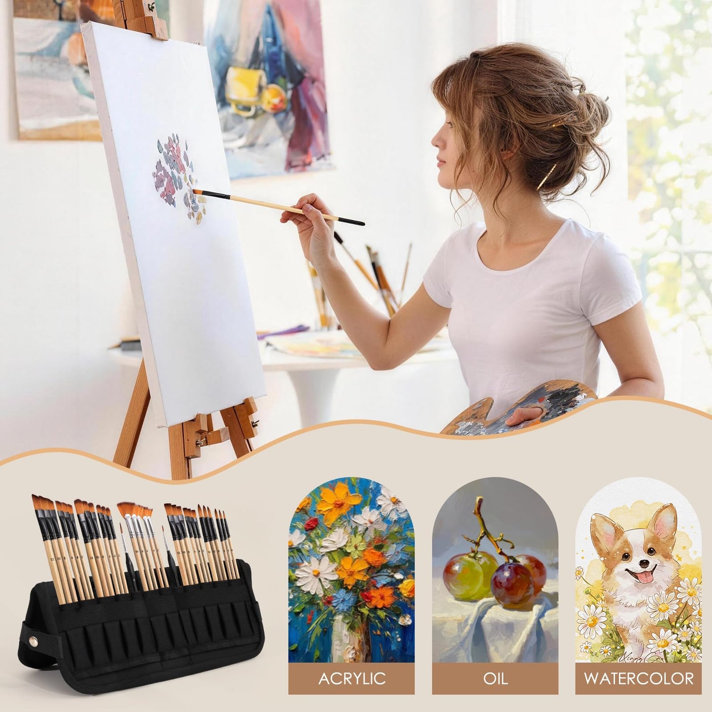 33pcs Paint Brush Set,Paint Brushes for Acrylic Painting, Oil, Watercolor,Professional Paintbrushes with Flat, Filbert, Fan, Palette Knife,ect.Art Supplies for Artists and Beginners