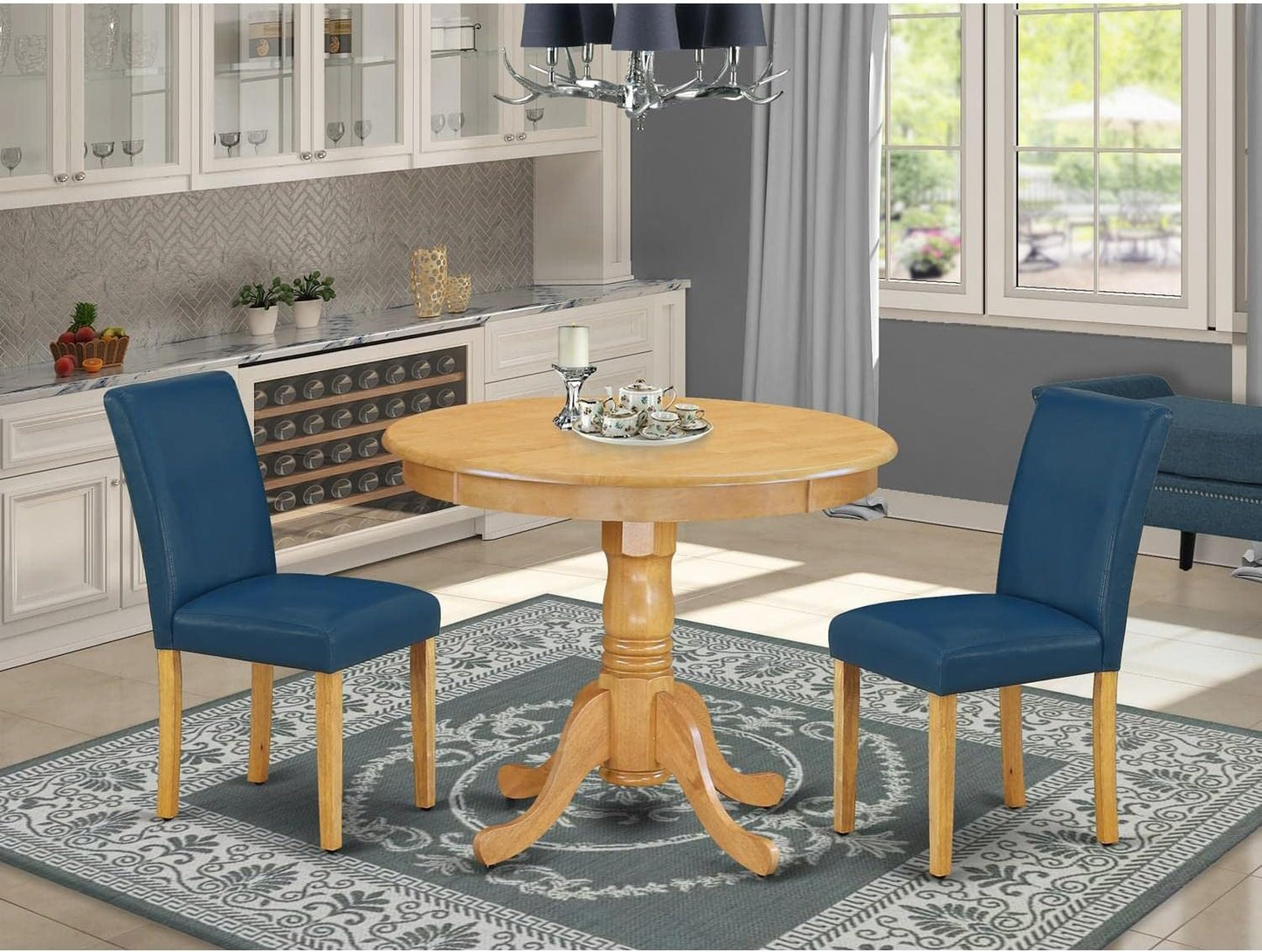 East West Furniture ANAB3-OAK-55 3 Piece Kitchen Table & Chairs Set Contains a Round Dining Room Table with Pedestal and 2 Oasis Blue Faux Leather Parsons Chairs, 36x36 Inch, Oak