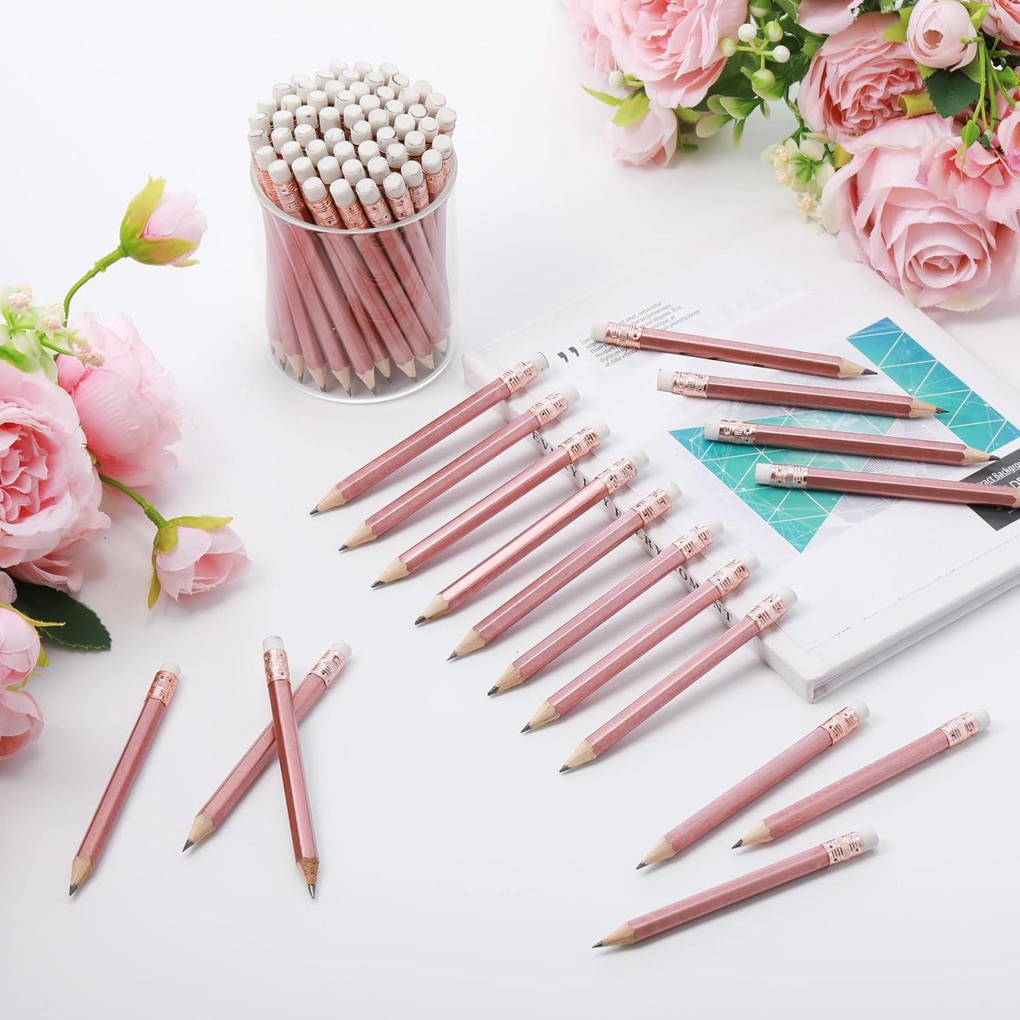 Outus 144 Pcs Mini Golf Pencils Bulk Half Pencils with Eraser #2 HB Pre Sharpened for Party Favors Office Supplies 4 Inch (Rose Gold)