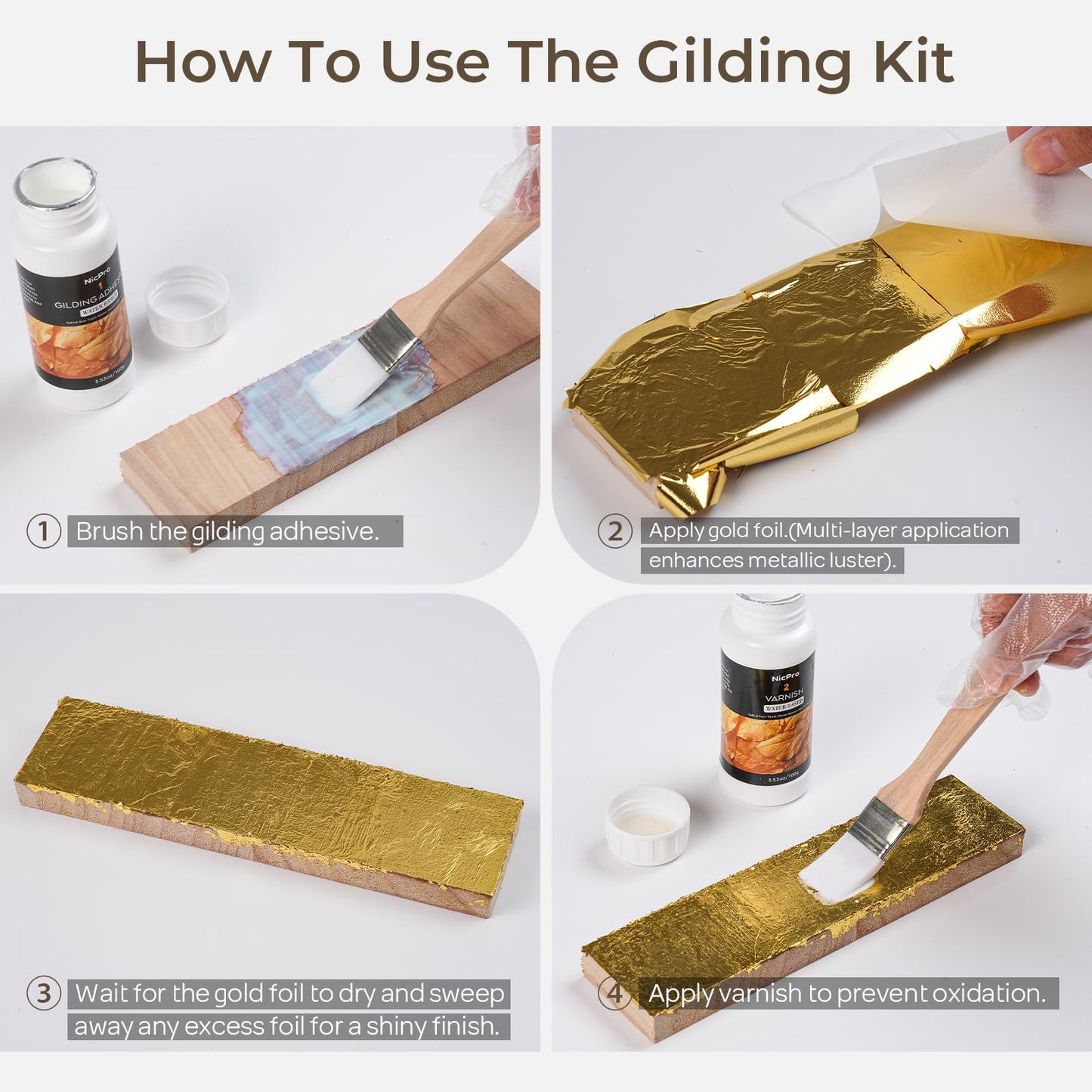 Nicpro Gold Leaf Gilding Adhesive Set, 100ml Water Based Glue and 100ml Varnish, 200 pcs Gold Leaf/Rose Gold/Silver Leaf Sheets for Arts, Painting, Craft, Furniture and Decoration with 4 Brushes